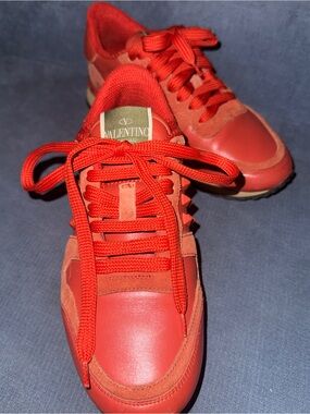 Valentino Red and Tan Leather & Suede Low-Top Sneakers